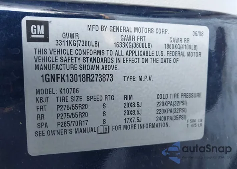 2008 Chevrolet Tahoe Lt z USA, uszkodzony, nr VIN 1GNFK13018R273873